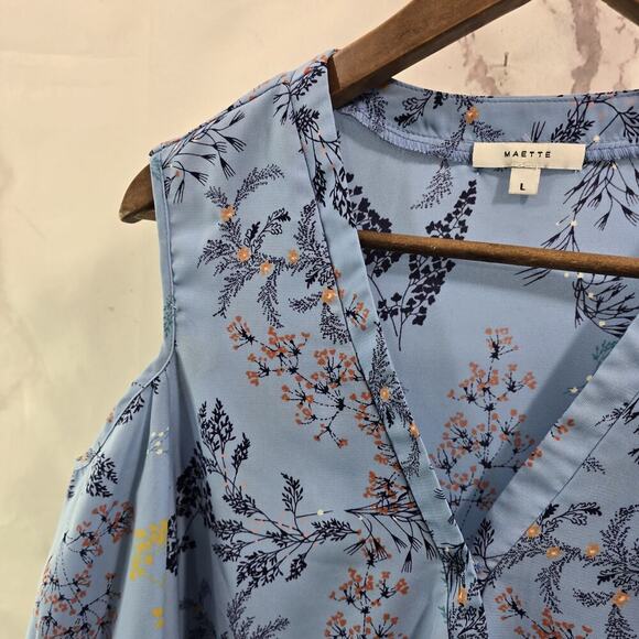 Maette Stella Dot Blouse Womens Large Blue Floral Cut Out Cold Shoulder Slouchy - Picture 2 of 13
